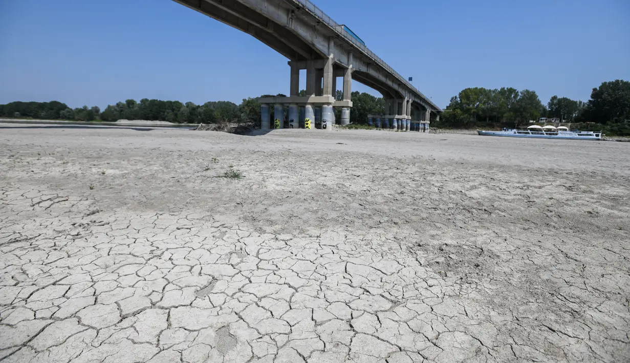 <p>Dasar sungai Po terlihat retak akibat mengering di Boretto, timur laut Parma, pada Rabu (15/6/2022). Menurut pengamat sungai, kekeringan yang mempengaruhi sungai terbesar di Italia, Po adalah yang terburuk dalam 70 tahun terakhir. (Piero CRUCIATTI / AFP)</p>