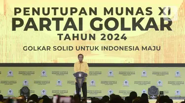 Presiden Joko Widodo (Jokowi) memberi pidato pada penutupan Rapat Pimpinan Nasional (Rapimnas) dan Musyawarah Nasional (Munas) XI Partai Golkar 2024 di Jakarta Convention Center, Rabu (21/8/2024). (Liputan6.com/Herman Zakharia)