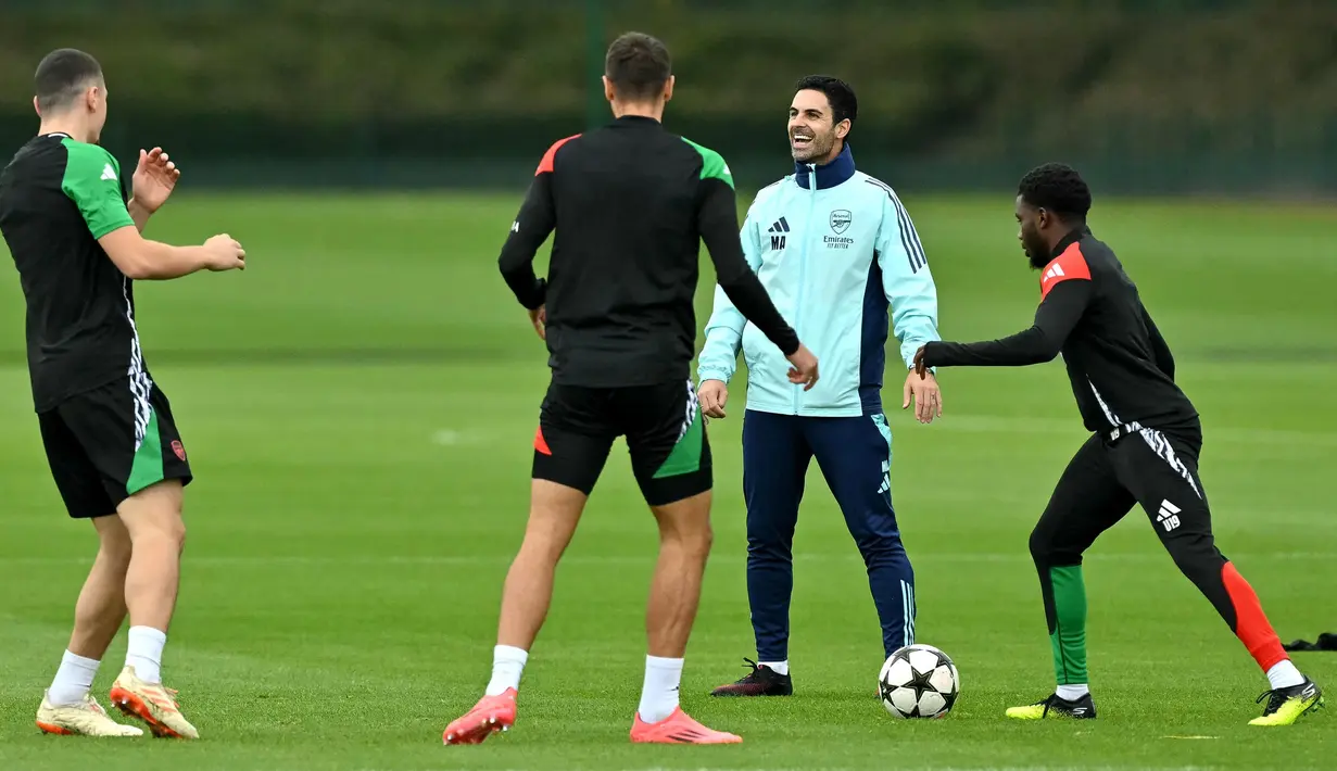 Pada matchday 1 Liga Champions 2024/2025, tim racikan pelatih Mikel Arteta bermain imbang 0-0 saat bertandang ke markas Atalanta. (Glyn KIRK/AFP)