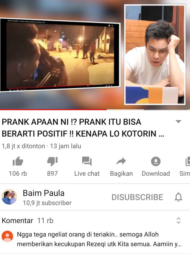 Unggahan Baim Wong. (Foto: YouTube Baim Paula)