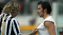 Pavel Nedved dan Alessandro Del Piero merupakan dua pemain yang setia bertahan di Juventus, meski timnya terdegradasi ke Serie B 2006-2007 akibat skandal Calciopoli. (AFP/GIUSEPPE CACACE)