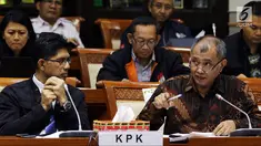 Ketua KPK Agus Rahardjo saat Rapat Dengar Pendapat (RDP) dengan Komisi III DPR di Jakarta, Kamis (7/6). Rapat membahas Rencana Kerja dan Anggaran Kementerian dan Lembaga (RKAKL) dan Rencana Kerja Pemerintah (RKP) Tahun 2019. (Liputan6.com/JohanTallo)