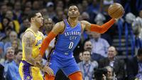 Lonzo Ball menjaga Russell Westbrook pada laga NBA (AP)