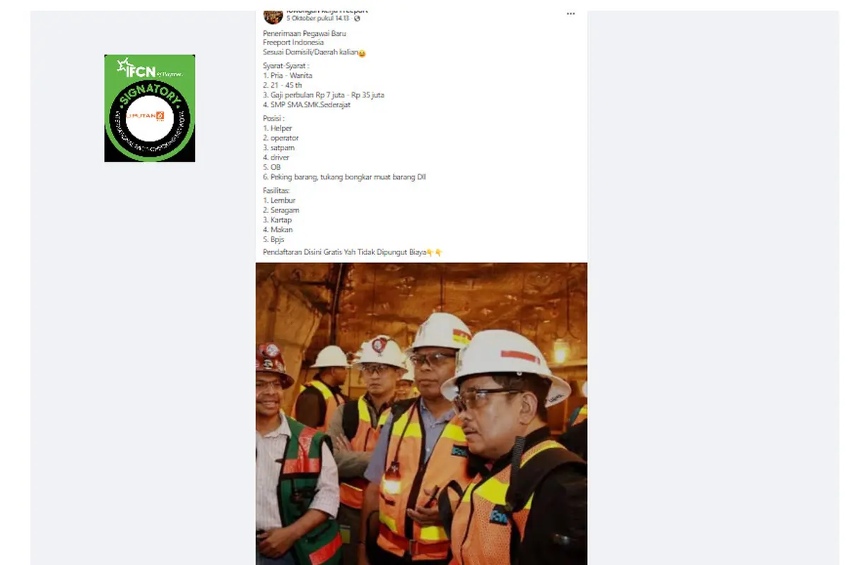 Tangkapan layar klaim link pendaftaran pegawai baru Freeport Indonesia untuk lulusan SMP sampai SMA sederajat.