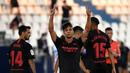 Gelandang Sevilla, Olivier Torres, merayakan gol yang dicetaknya ke gawang Leganes pada laga lanjutan La Liga pekan ke-33 di Estadio Municipal de Butarque, Rabu (1/7/2020) dini hari WIB. Sevilla menang 3-0 atas Leganes. (AFP/Pierre-Philippe Marcou)