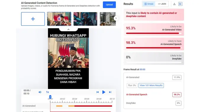 Video dan audio klaim Menkeu Suahasil mengumumkan program dana hibah menunjukkan hasil AI. (Foto: tangkapan layar Hive Moderation)