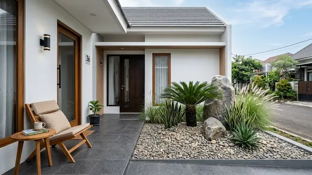 Teras Minimalis dengan Taman Kering Bergaya Sculptural