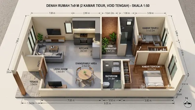 Denah Rumah 7x9 Meter