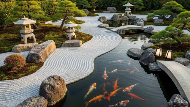 Inspirasi Taman Kering Kombinasi Kolam Ikan yang Mudah Dirawat (AI)