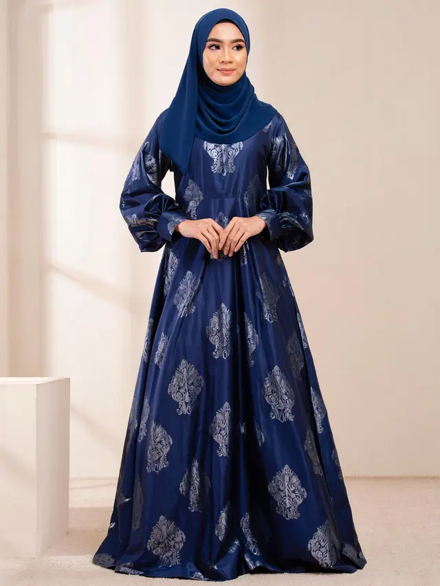 Gamis Biru Navy Kombinasi Brokat Silver