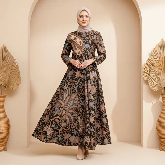 Model Gamis Batik Sutra Syar’i Potongan A-Line
