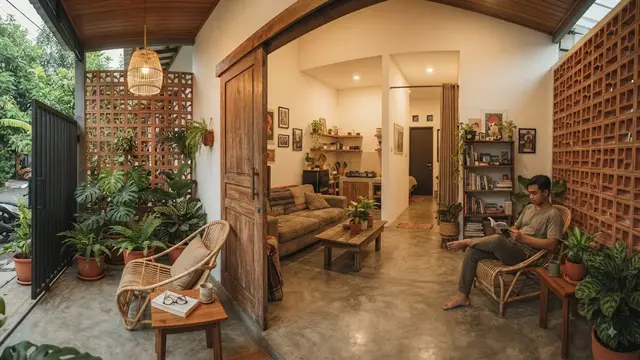 Desain rumah mungil untuk pekerja lajang introvert model satu lantai dengan teras tertutup