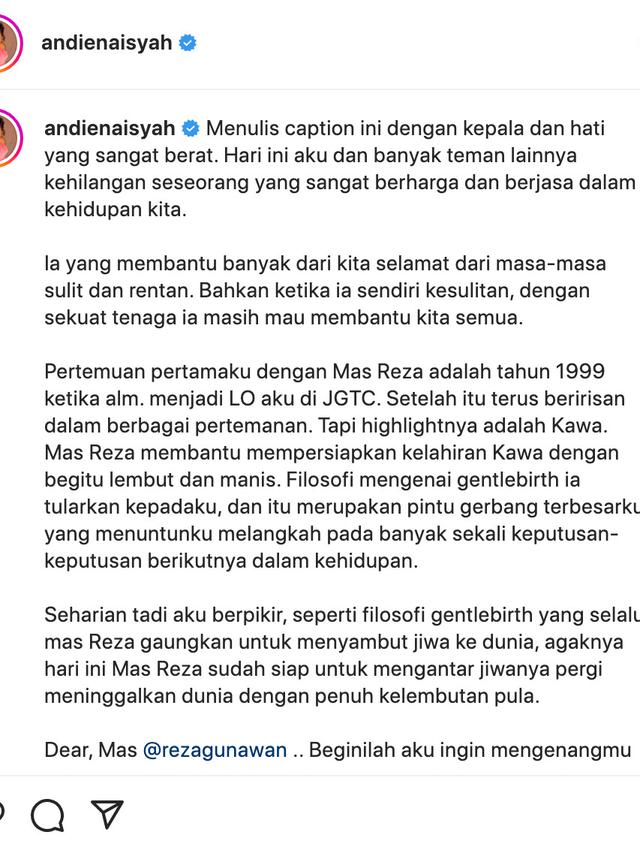 Unggahan Andien soal Reza Gunawan. (Foto: Dok. Instagram @andienaisyah)