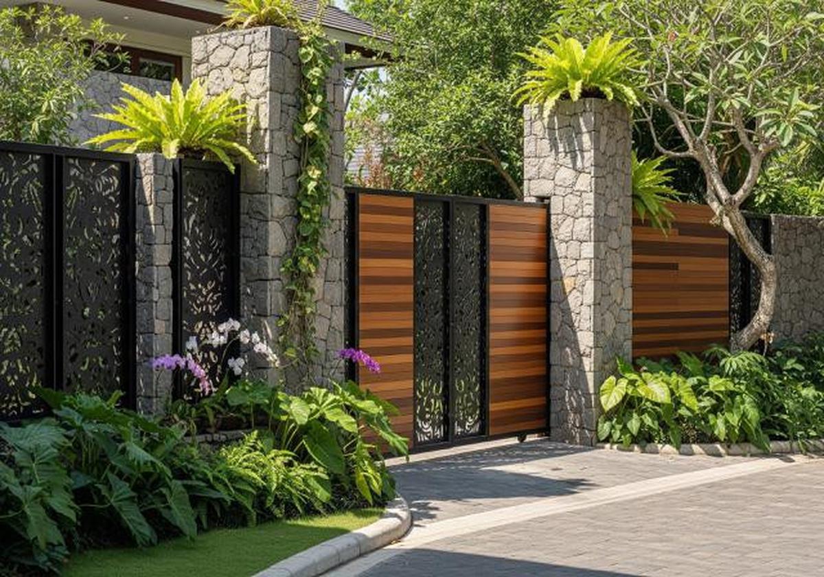 Pilar Pagar Batu Kali yang Menonjol/Pagar Rumah Natural dengan Batu Kali (Sumber: gemini.com)