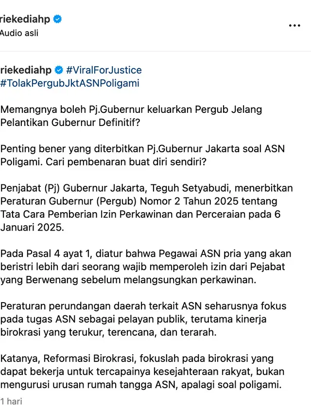 Unggahan Rieke Diah Pitaloka. (Foto: Dok. Instagram @riekediahp)