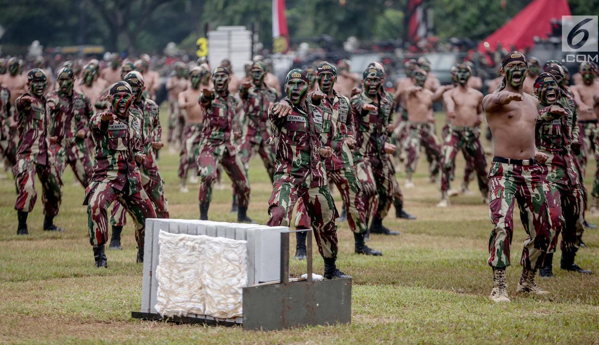 Prajurit Kopassus melakukan aksi bela diri saat peringatan HUT ke-67 Kopassus di Markas Kopassus, Cijantung, Jakarta, Rabu (24/4). Acara HUT Kopassus dimeriahkan oleh sejumlah aksi demonstrasi unjuk kekuatan koprs Baret Merah ini, seperti beladiri, dan ketangkasan fisik. (Liputan6.com/Faizal Fanani)