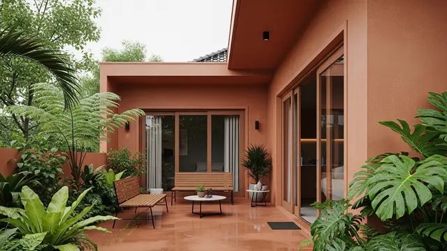 Teras rumah warna cat Cokelat Tanah (Terracotta) (Gemini AI)
