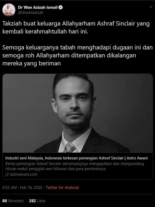 Ucapan Dukacita Wakil PM Malaysia untuk Ashraf Sinclair. (Twitter/ drwanazizah)