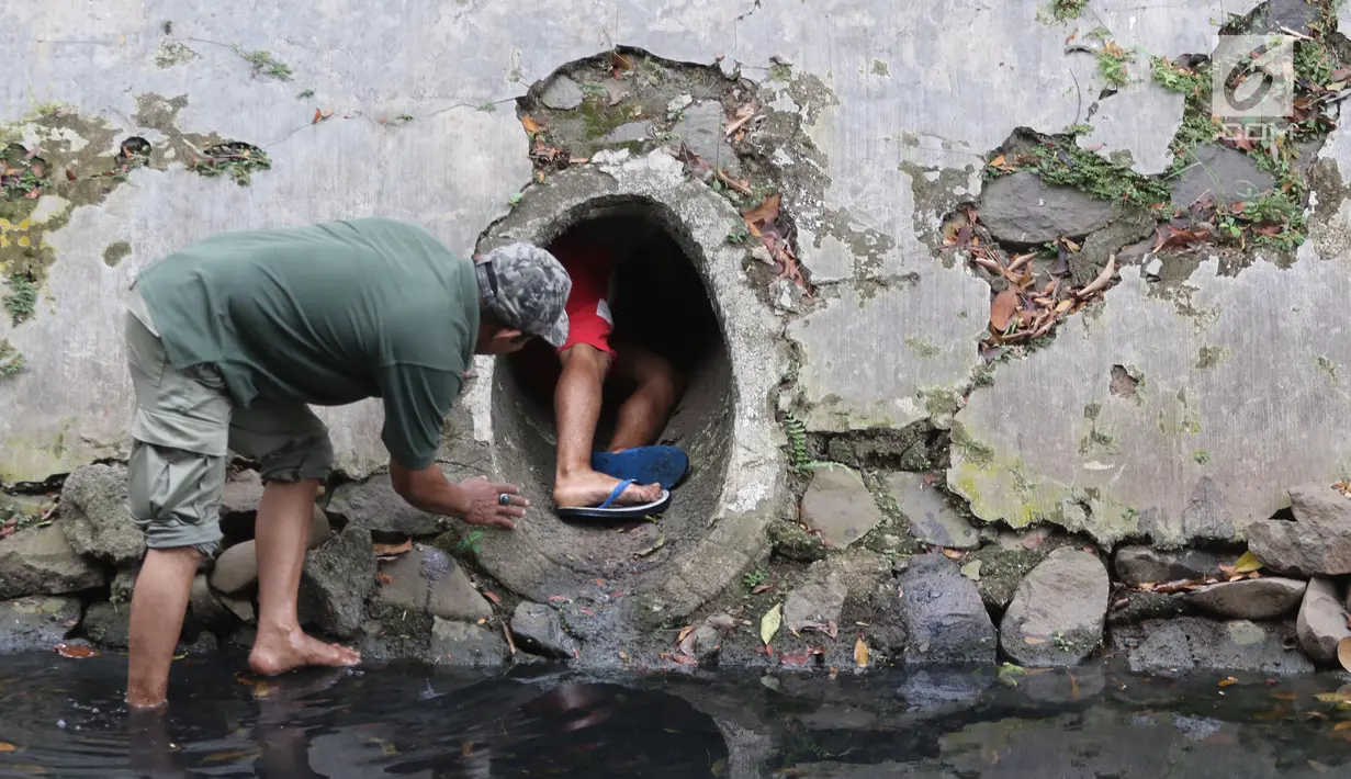 Petugas Animal Rescue berusaha menyelamatkan seekor anjing yang terjebak di gorong-gorong kali Gresik, Menteng, Jakarta Pusat, Rabu (23/5). Anjing ini terjebak selama 3 hari dan dibawa ke tempat penampungan. (Liputan6.com/Arya Manggala)