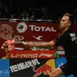 Tunggal putra Jerman Marc Zwiebler kecewa disingkirkan Lee Chong Wei asal Malaysia pada babak kedua World Championships 2015 di Istora Senayan, Jakarta, Rabu (12/8/2015). (Liputan6.com/BAY ISMOYO / AFP)