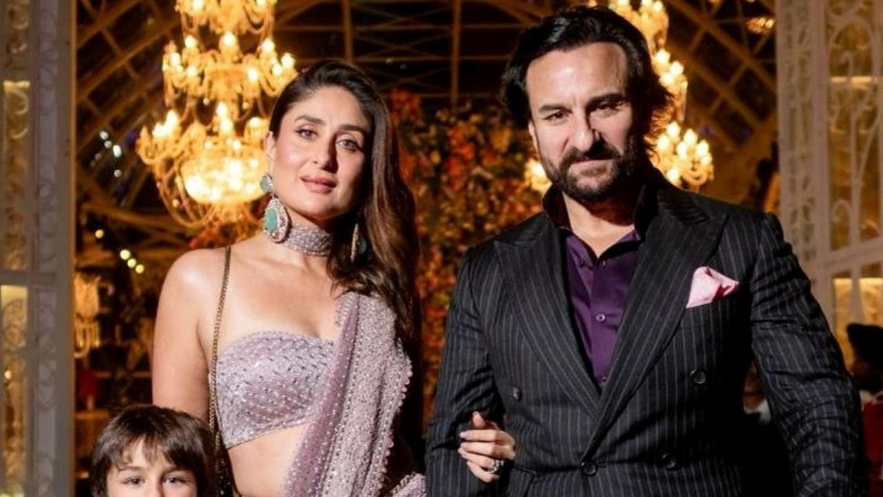 Aktor Saif Ali Khan dan Kareena Kapoor Khan bersama putra mereka Taimur Ali Khan saat menghadiri perayaan pranikah Anant Ambani, putra Mukesh Ambani, Ketua Reliance Industries, dan Radhika Merchant, putri industrialis Viren Merchant di Jamnagar, Gujarat, 