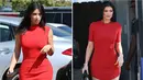 Dalam foto ini, Kylie Jenner dan Kim Kardashian memakai dress berwarna merah. Bedanya, Kim memakai dress tanpa lengan. Cantik mana? (Celebuzz)