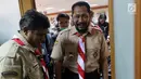 Ketua Kwarnas Pramuka Budi Waseso usai konferensi pers di Jakarta, Selasa (16/10). Dalam keterangannya Budi Waseso menanggapi Video Kampanye Pilpres 2019 Pakai Atribut Pramuka yang sempat viral adalah bukan anggota Pramuka. (Liputan6.com/Johan Tallo)