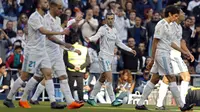 Pemain Real Madrid merayakan gol Gareth Bale. (AP Photo/Francisco Seco)