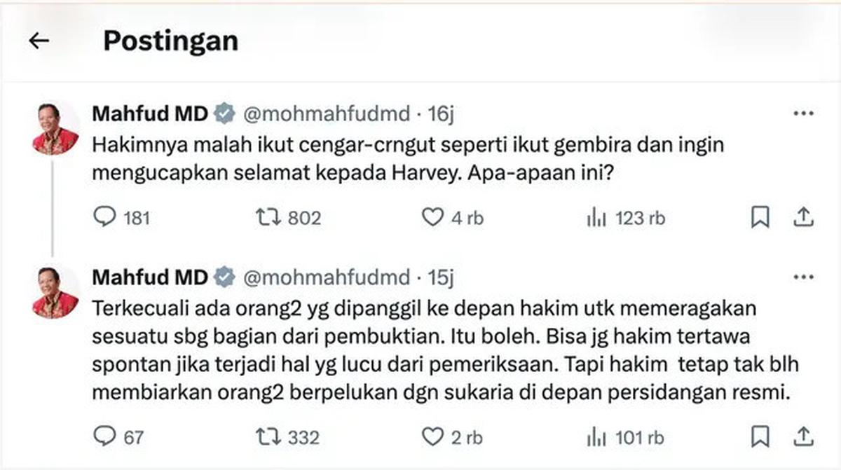 Mahfud MD Kritik Hakim Senyum Saat Harvey Moeis Peluk Sandra Dewi: Malah Ikut Cengar-cengir...
