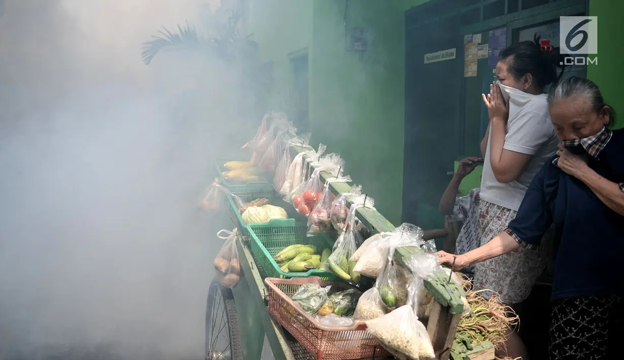 Warga menutup hidung saat menghindari penyemprotan asap (fogging) nyamuk demam berdarah dengue (DBD) di RW 01, Kelurahan Cipinang, Jakarta, Minggu (10/3). Fogging ini juga untuk membasmi perkembangbiakan jentik nyamuk. (merdeka.com/Iqbal Nugroho)