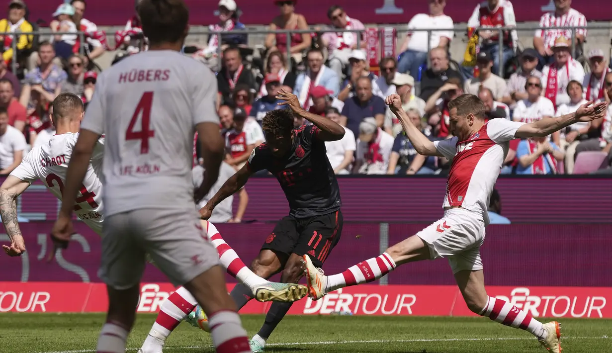 Striker Bayern Munchen, Kingsley Coman melepaskan tendangan yang berbuah gol pertama ke gawang FC Cologne pada laga pekan terakhir Liga Jerman 2022/2023 di Cologne, Jerman (27/5/2023). (AP Photo/Matthias Schrader)