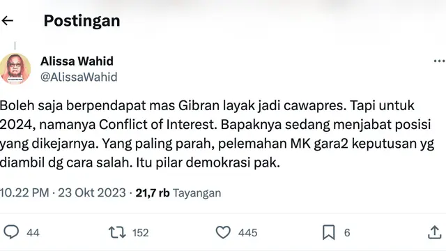 Cuitan Alissa Wahid. (Foto: Dok. Twitter @AlissaWahid)