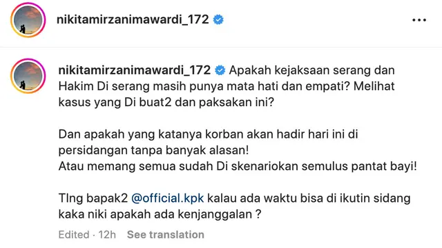 Unggahan Nikita Mirzani. (Foto: Dok. Instagram @nikitamirzanimawardi_172)