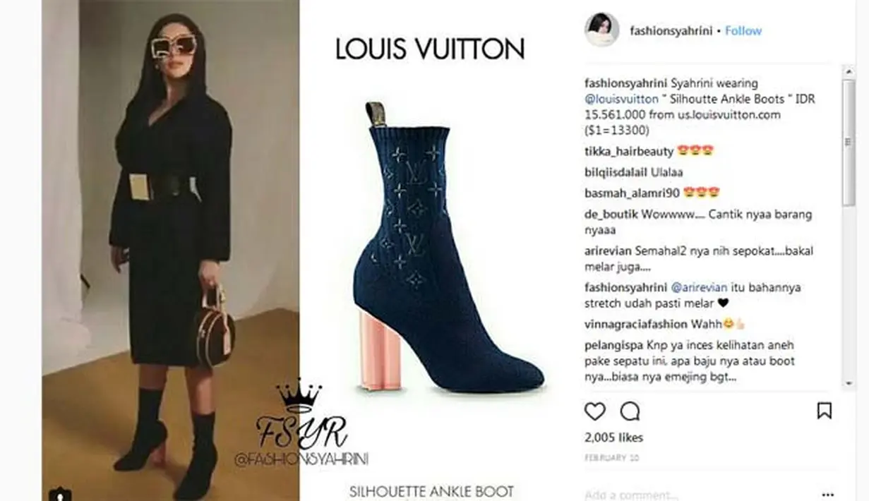 Sepatu boots juga menjadi salah satu koleksi favorite Syahrini. Boots keluaran Louise Vuitton yang satu ini contohnya. Dan untuk harganya pun mencapai Rp. 15.561.000. (Instagram/fashionsyahrini)