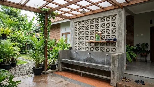 Desain Tempat Wudhu Rumah dengan Dinding Roster/AI Generated