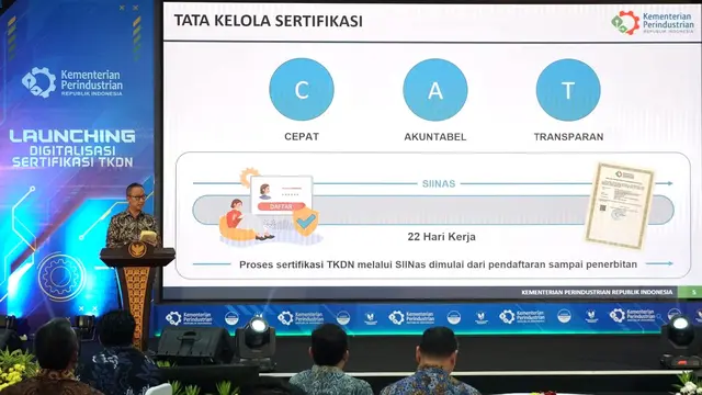 Menteri Perindustrian Agus Gumiwang Kartasasmita memberikan sambutan pada Launching Digitalisasi Sertifikasi TKDN di Jakarta, Rabu (27/9/2023). (Dok Kemenperin)