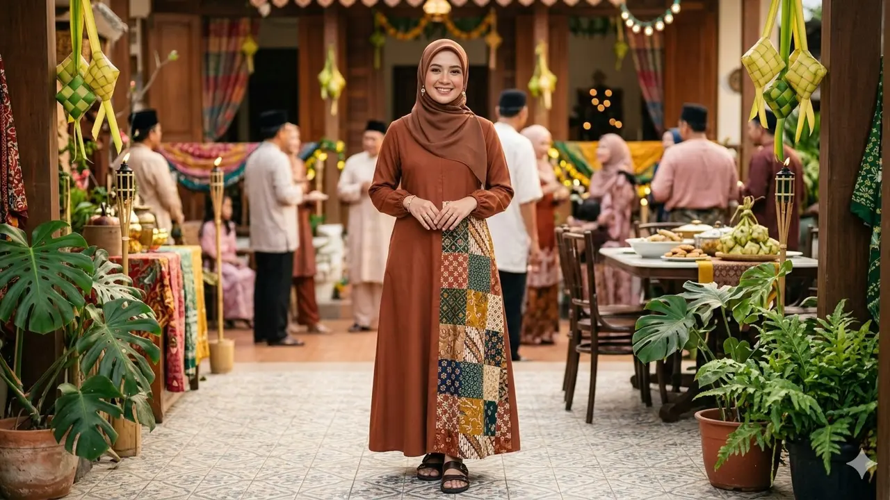 Model Gamis Kombinasi Corak Polos Terbaru (Foto: Gemini AI)