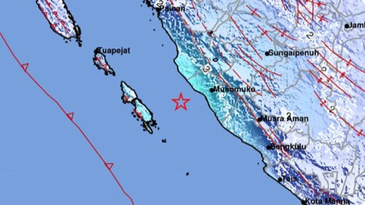Gempa Magnitudo 5,2 mengguncang wilayah Mukomuko, Bengkulu, Minggu (14/9/2025) malam atau tepat pukul 21:49:42 WIB.