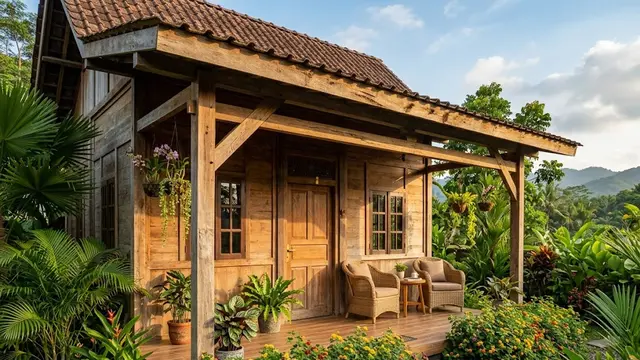 Teras Rustic dengan Lantana sebagai Pembatas Alami
