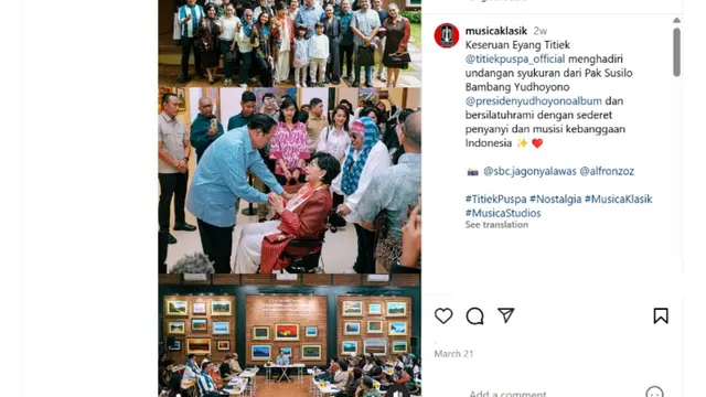 Penyanyi legendaris Tanah Air Titiek Puspa mengunggah kebersamaannya bersama Presiden ke-6 Republik Indonesia Susilo Bambang Yudhoyono (SBY).