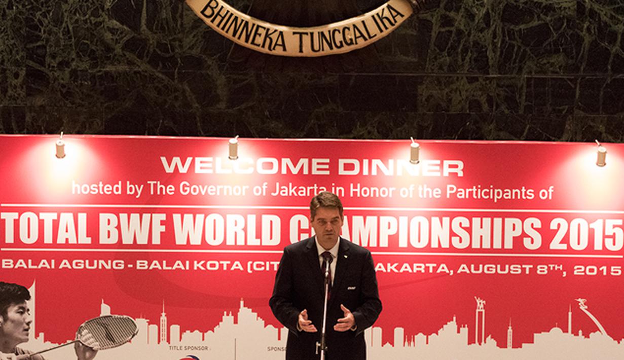 Presiden BWF Poul Erik Hoyer menyampaikan sambutan pada acara jamuan makan malam jelang Kejuaraan Dunia BWF 2015 di Balai Kota, Jakarta, Sabtu (8/8/2015). (Bola.com/Vitalis Yogi Trisna)