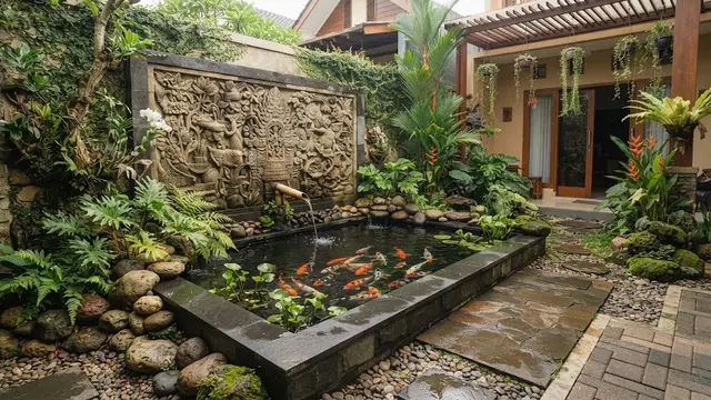 Kolam Ikan Konsep Relief Dinding Batu Alam