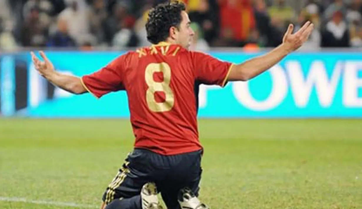 Reaksi gelandang Spanyol, Xavi dalam partai Spanyol vs AS di semifinal Piala Konfederasi pada 24 Juni 2009 di Free State Stadium, Bloemfontein. AFP PHOTO/ROBERTO SCHMIDT