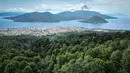 Foto yang diambil pada tanggal 11 April 2025 ini menunjukkan pemandangan dari udara dari sebuah kawasan hutan dengan pohon-pohon cengkih di Ternate, Maluku Utara. (Bagus Saragih/AFP)