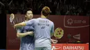 Ganda putra Indonesia, Kevin Sanjaya/Marcus Gideon, saat melawan wakil India, Satwiksairaj Rankireddy/Chirag Shetty pada laga Indonesia Masters 2018 di Istora Senayan, Sabtu (27/1/2018). Kevin /Marcus menang 21-14, 21-11. (Bola.com/M Iqbal Ichsan)