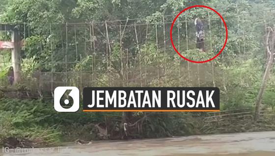 VIDEO: Ngeri, Pelajar Nekat Gelantungan Di Tali Jembatan Rusak Saat Sebrangi Sungai