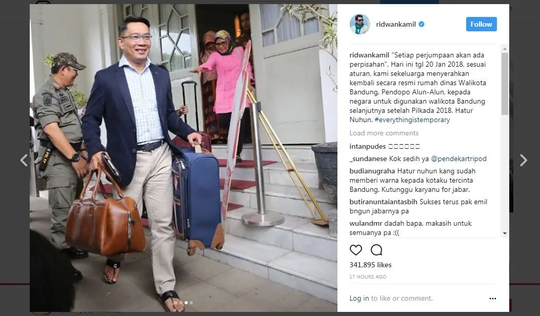 Gaya Ridwan Kamil saat pindah rumah. (Instagram Ridwan Kamil)