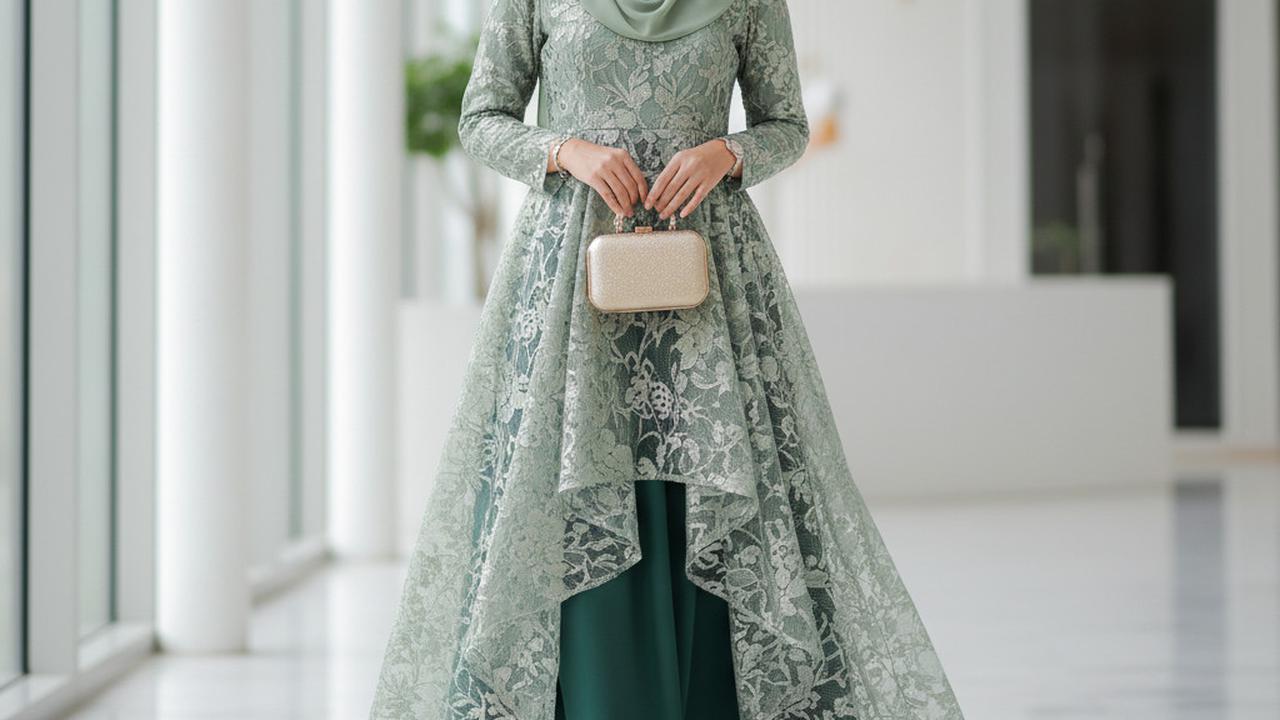 Ilustrasi Gamis Brokat Islami Warna Sage