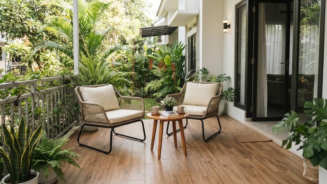 Model teras minimalis dengan lantai motif kayu yang cocok untuk rumah masa kini dengan meja kecil