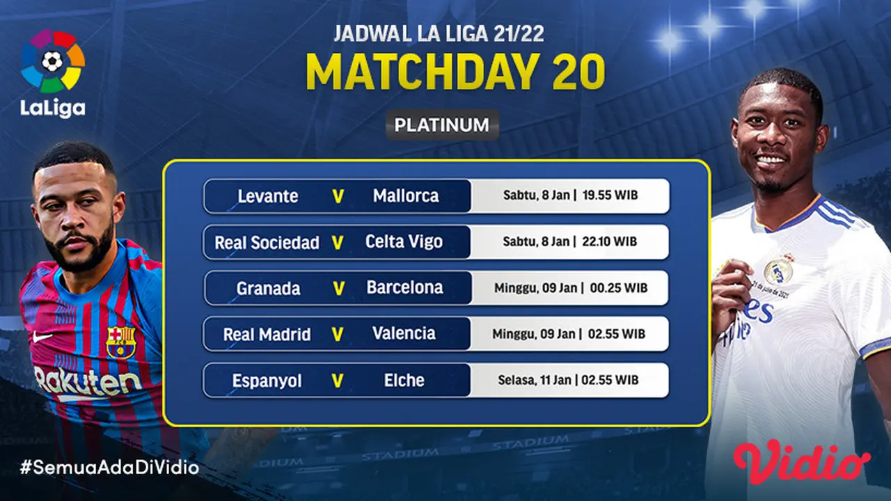 Link Live Streaming Liga Spanyol 2021/2022 Matchday 20 di Vidio Pekan Ini